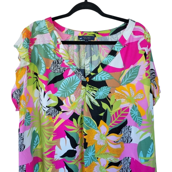 NWOT RACHEL Rachel Roy 2X Flutter Cap Sleeve Tropical Floral Tunic Pink Green - Picture 3 of 12